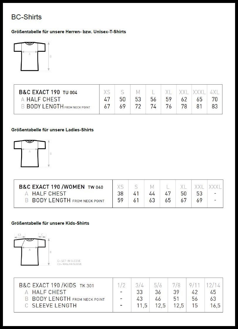 Größentabelle Shirts